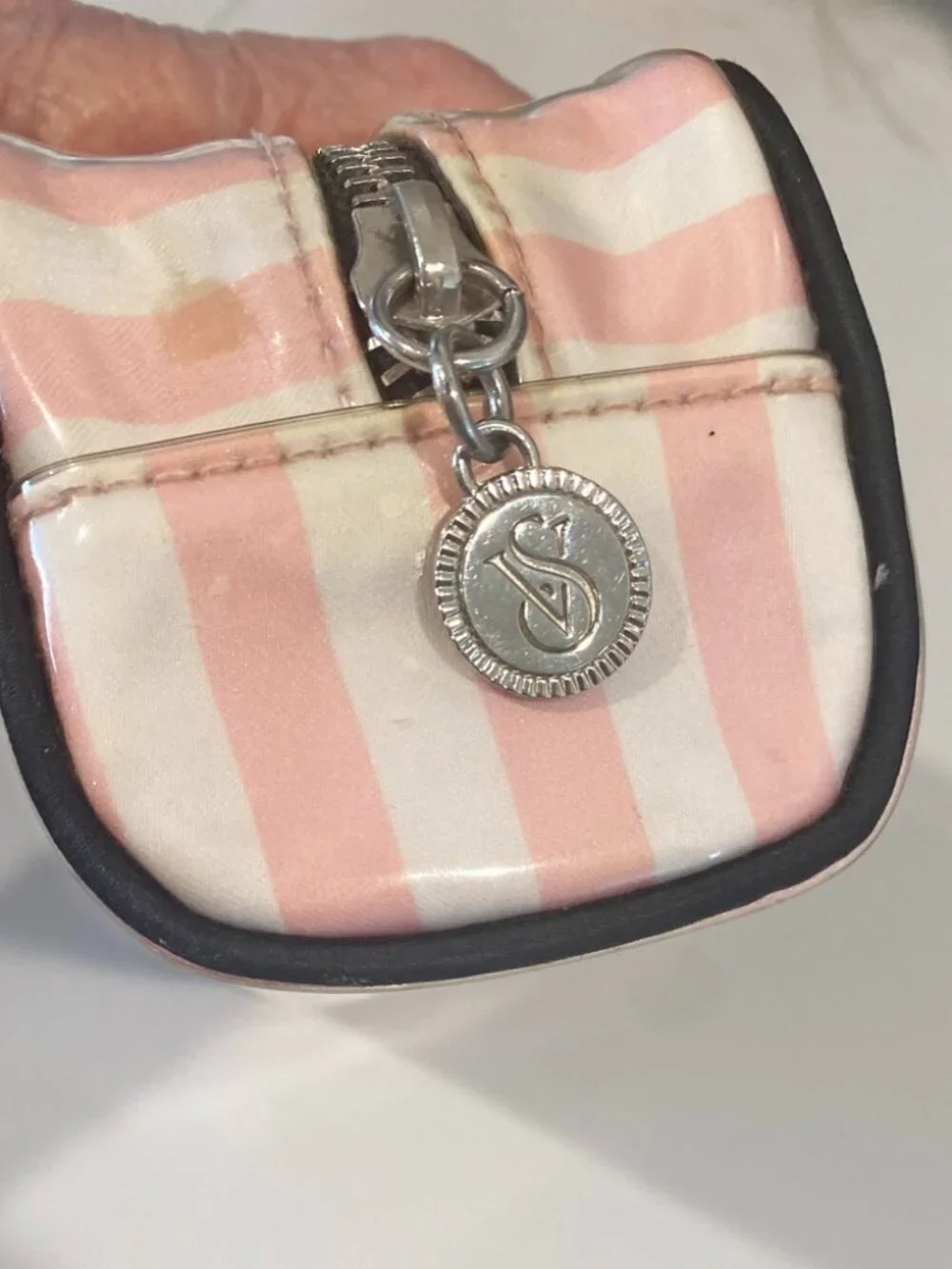 Victoria's Secret Cosmetic Bag Pink Stripe Black Trim Zip Top Lined Makeup Case